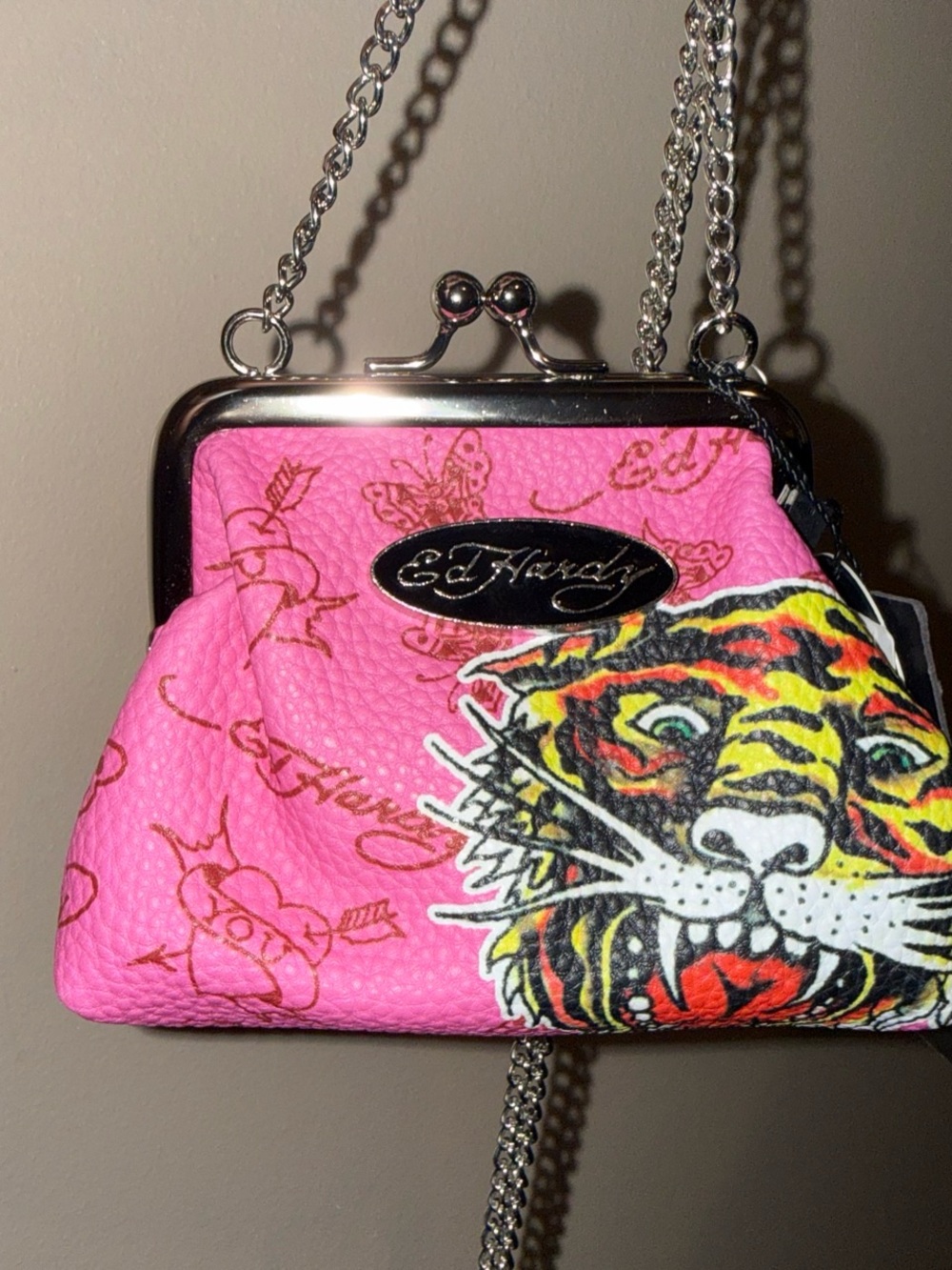 Ed Hardy pink mini coin purse with long chain strap #tiger #y2k